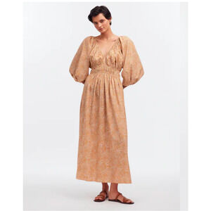 Madewell V-Neck Prairie Maxi Dress 6 Khaki Polka Dot Balloon Sleeve Renaissance